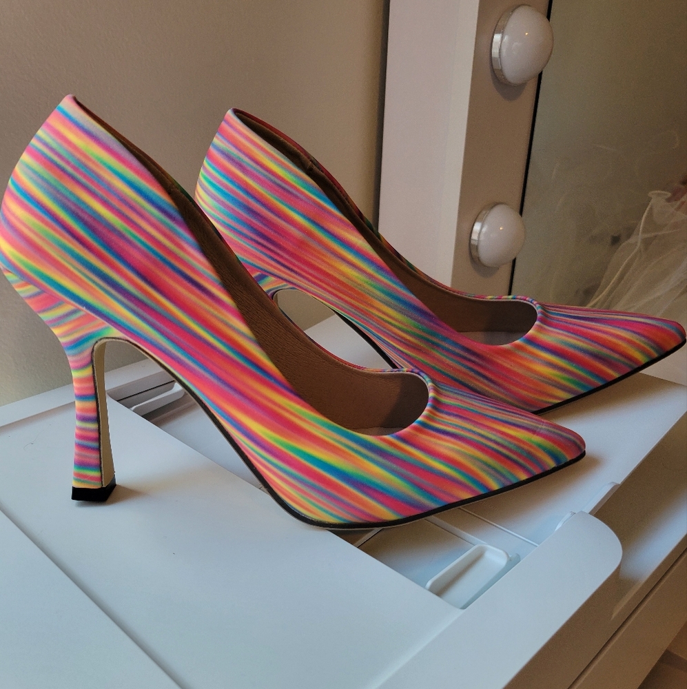 Womens high heels pumps shoes fun rainbow striped fashion size 7.5